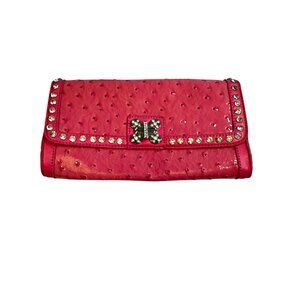 Pink Faux Ostrich Leather Clutch Purse W/ Rhinestone Bow Accent & Chain Strap